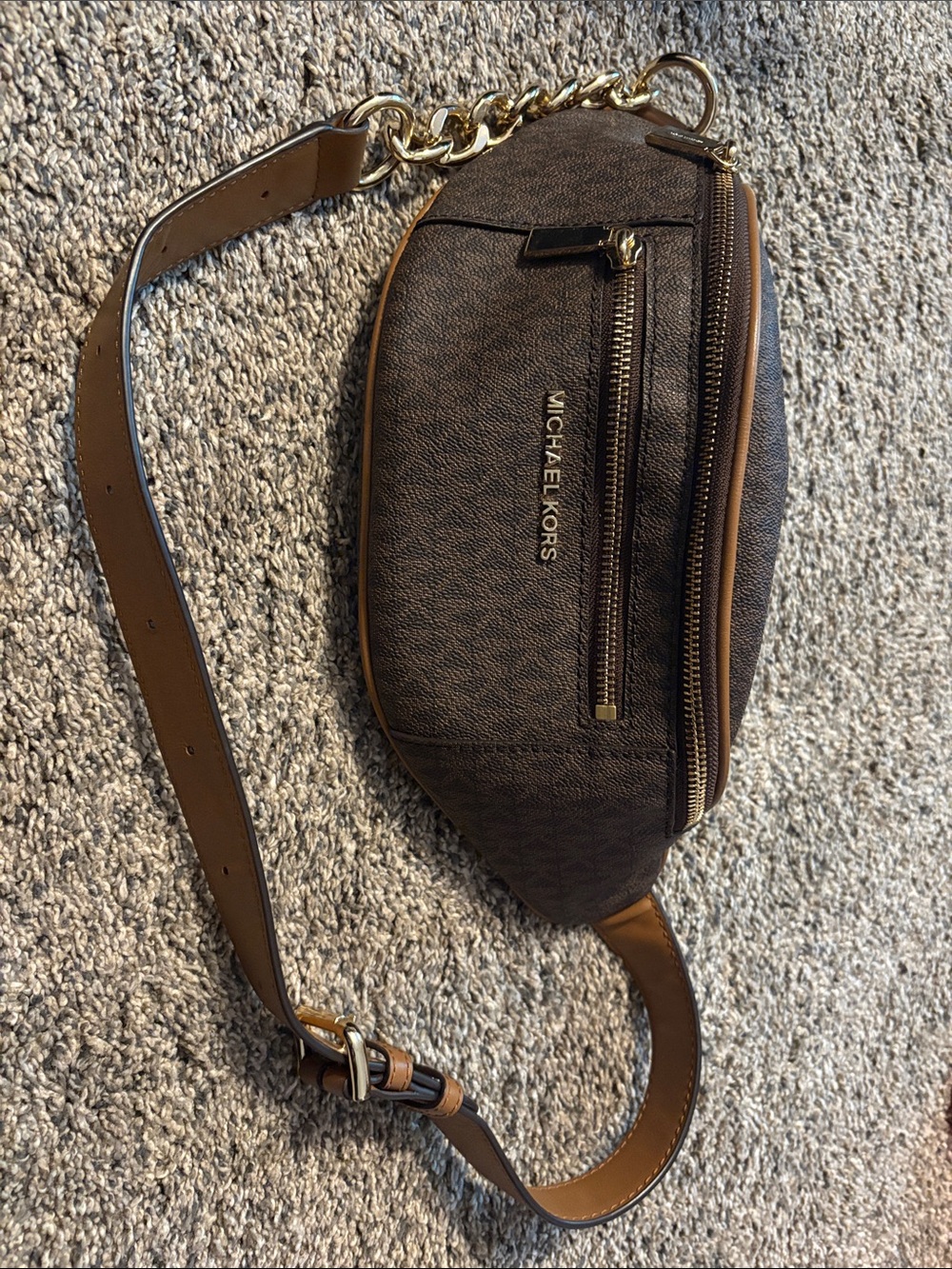 Michael Kors Brown Logo-Print Waist Bag with Gold Hardware